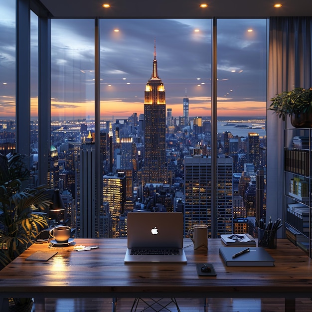 a city skyline with a laptop on a table and a city skyline in the background