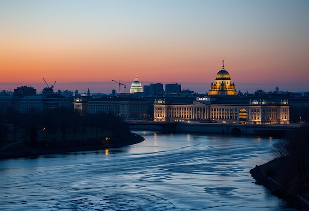 Photo a city skyline with a large building in the background and a city in the background