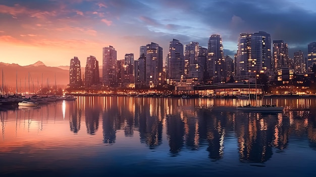 A city skyline with a large building in the middle and a large mountain in the background