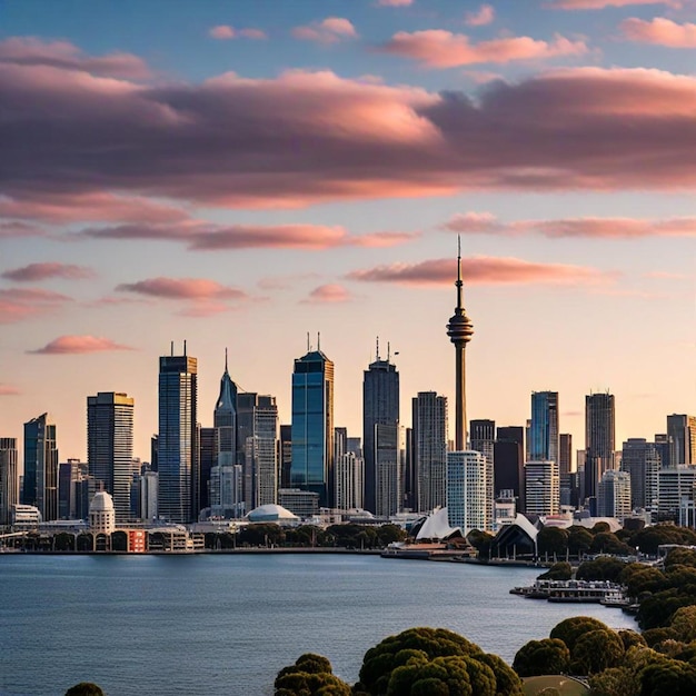 a city skyline with a large city in the background