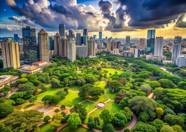 a city skyline with a large city in the background