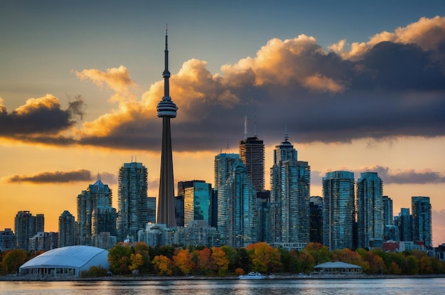 a city skyline with a large city in the background