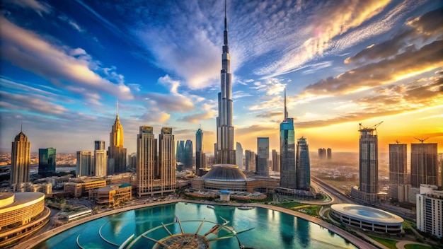 Photo a city skyline with a large pool in the foreground