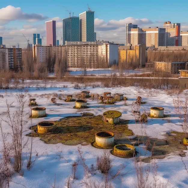 A city skyline with a lot of old tanks and a large building in the foreground.