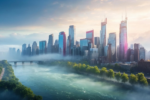 City skyline with a misty river view