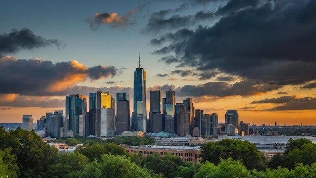 City skyline with modern skyscrapers by waterfront under blue sky