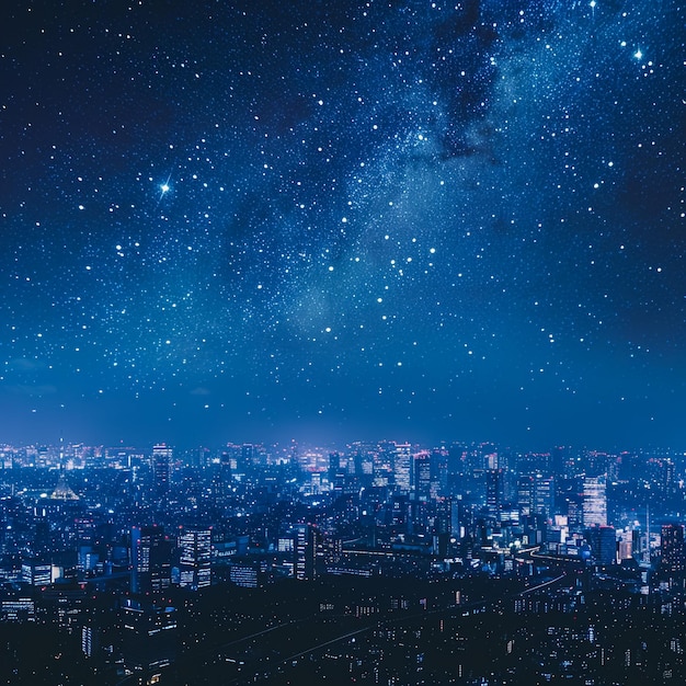 a city skyline with a night sky and a city in the background