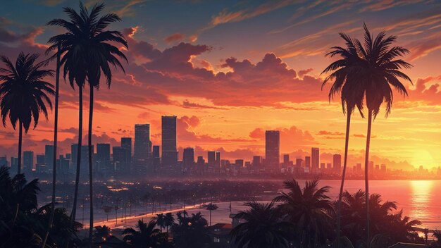 Photo a city skyline with palm trees and a sunset in the background