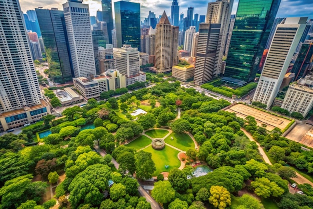 a city skyline with a park and a city in the background