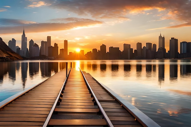 A city skyline with a pier leading to a dock with a city in the background.