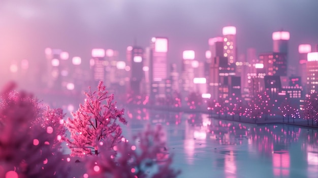 Photo a city skyline with a pink christmas tree in the foreground