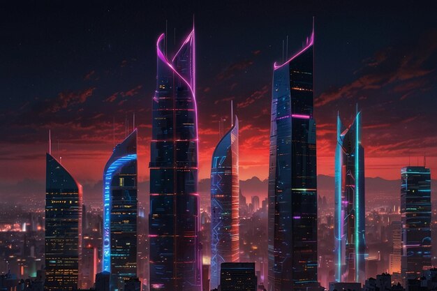 a city skyline with a purple and blue light in the middle