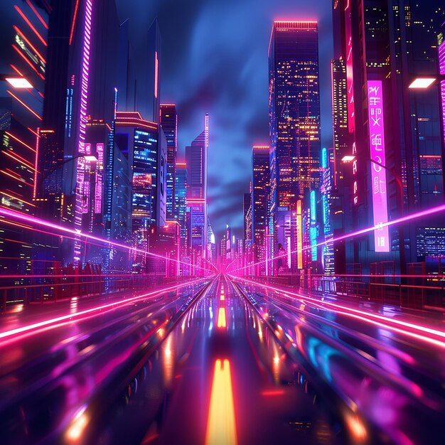 Photo a city skyline with a purple and pink neon light