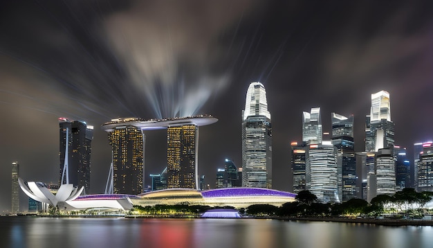 a city skyline with a purple and purple building in the background