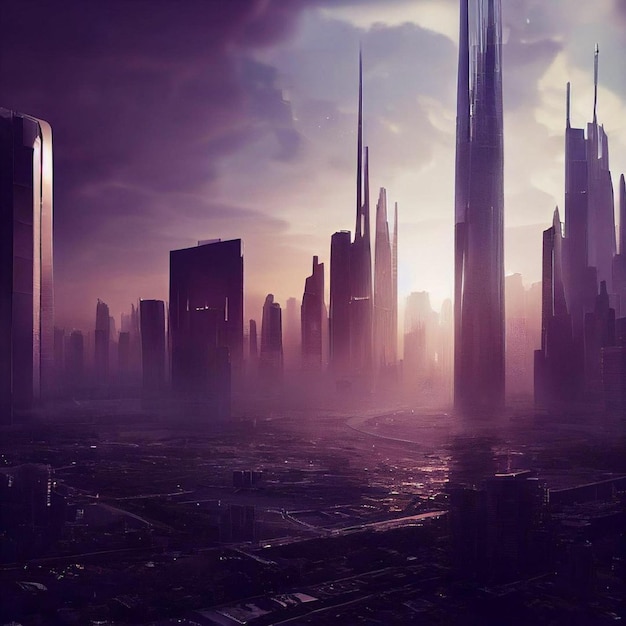 A city skyline with a purple sky and a city in the background.