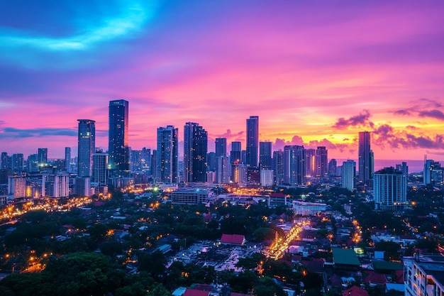 Photo a city skyline with a purple sky and a purple and pink sunset