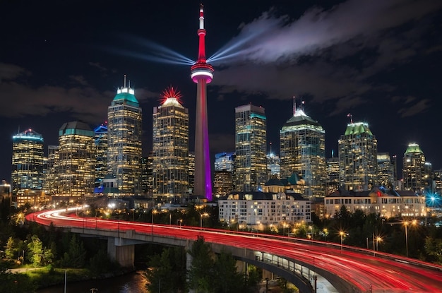 Photo a city skyline with a red and green light in the middle