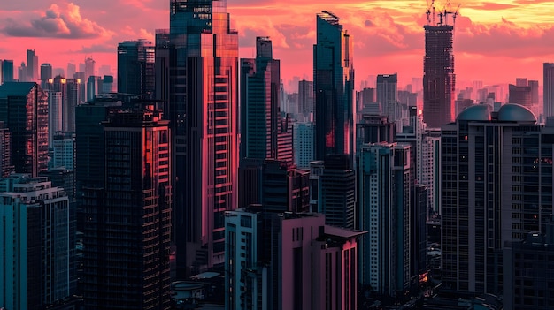 a city skyline with a red sky and a city in the background