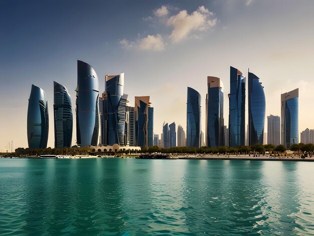 Photo a city skyline with a reflection of a building in the water