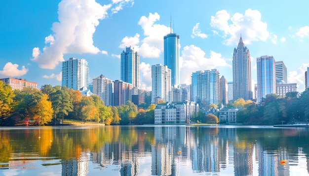 a city skyline with a reflection of a building in the water