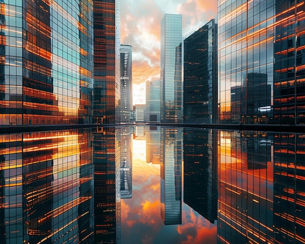 a city skyline with a reflection of a city in the water generate by AI