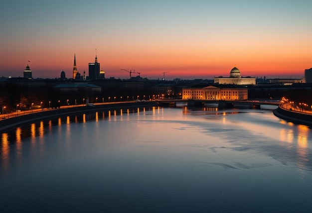 a city skyline with a reflection of a city in the water