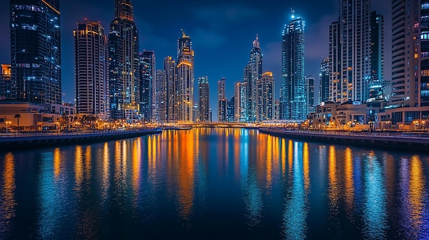 a city skyline with a reflection of a city in the water