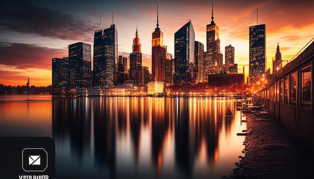 a city skyline with the reflection of the city in the water