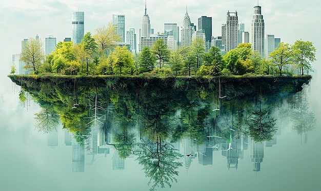 a city skyline with a reflection of a city in the water