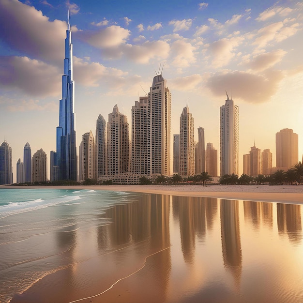 a city skyline with a reflection of a city in the water