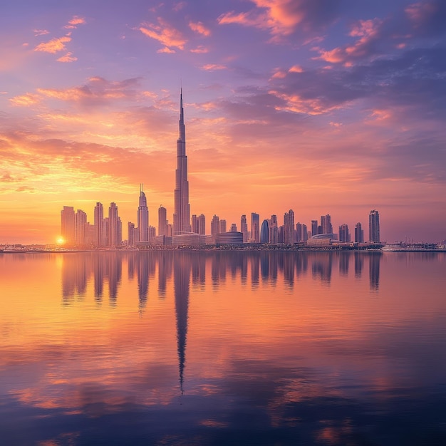 a city skyline with a reflection of a city in the water