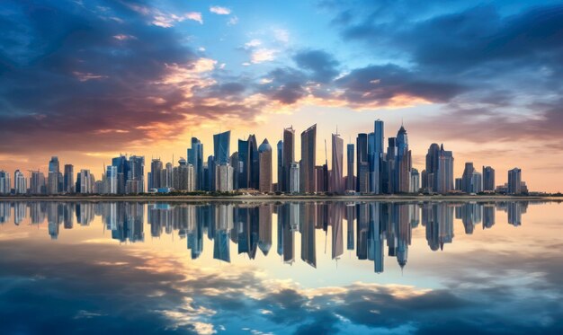 Photo a city skyline with the reflection of a city in the water