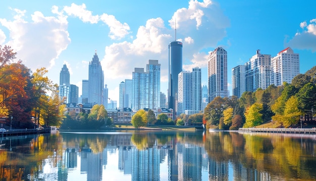 a city skyline with a reflection of a city in the water