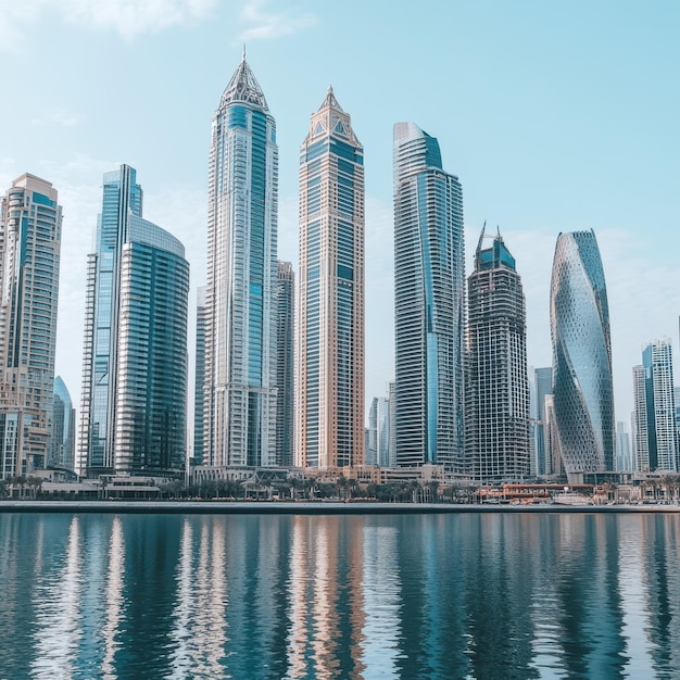 Photo a city skyline with a reflection of a skyscraper in the water