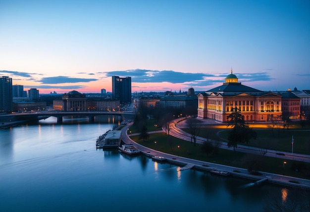 a city skyline with a river and a bridge in the background