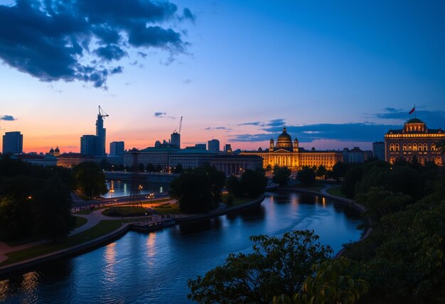 Photo a city skyline with a river and bridge in the background