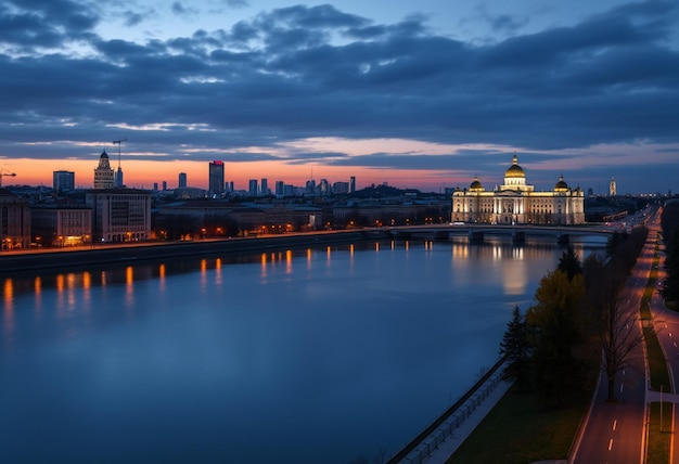 a city skyline with a river and a bridge with a city in the background