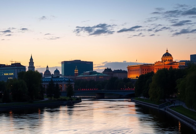 a city skyline with a river and a bridge with a city in the background