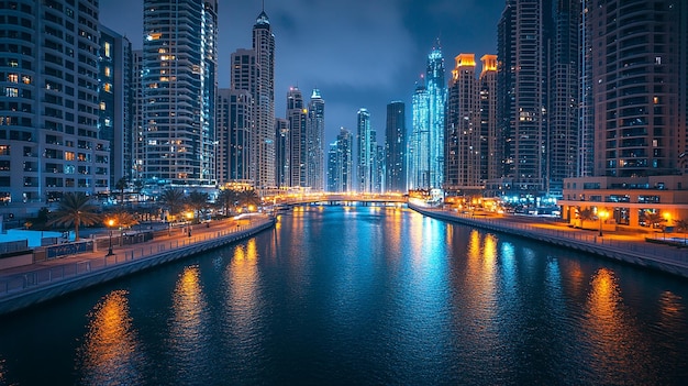 a city skyline with a river and a bridge with a city in the background