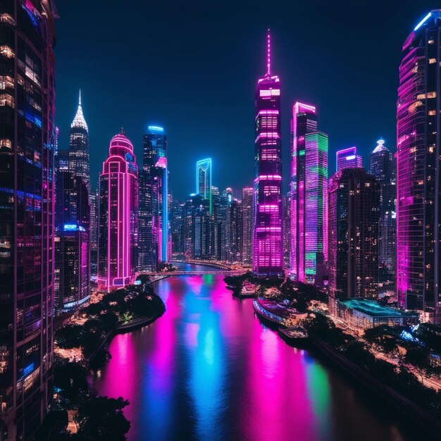 Photo a city skyline with a river and a bridge with purple lights