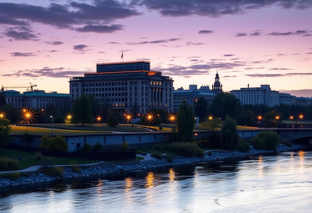 a city skyline with a river and a bridge with a river and a city in the background