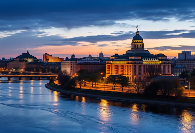 a city skyline with a river and a city in the background