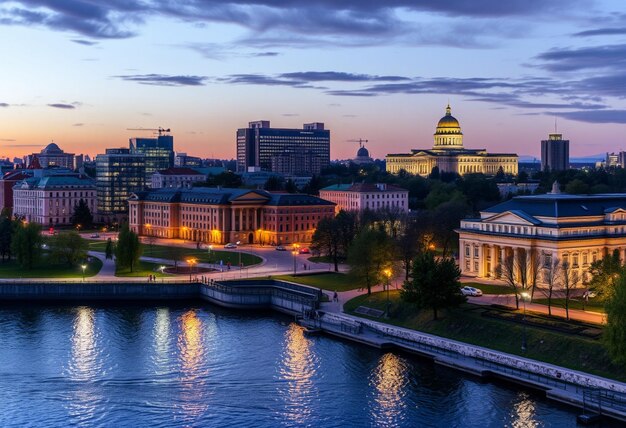 a city skyline with a river and a city in the background