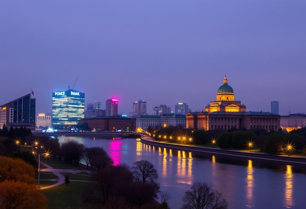 Photo a city skyline with a river and a city in the background