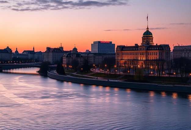 a city skyline with a river and a city in the background