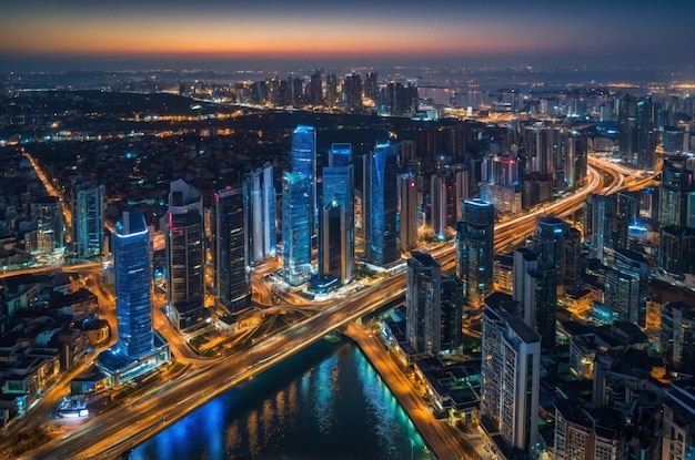 a city skyline with a river and a city in the background