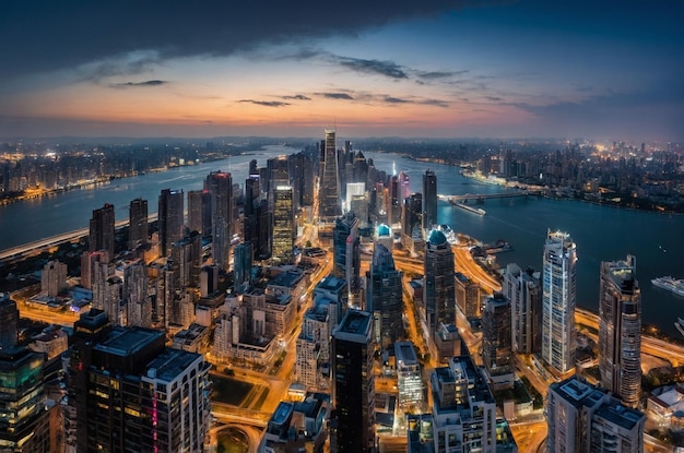 a city skyline with a river and a city in the background