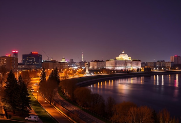 a city skyline with a river and a city in the background