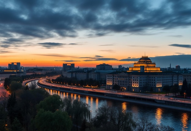 Photo a city skyline with a river and a city in the background