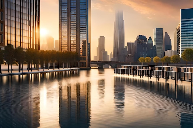 A city skyline with a river and a cityscape in the background